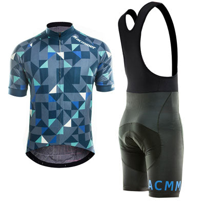 ensemble cycliste cuissard court noir avec bretelles maillot manches courtes bleu motif original triangles boutique shop pas cher vélo cyclisme start-to-train
